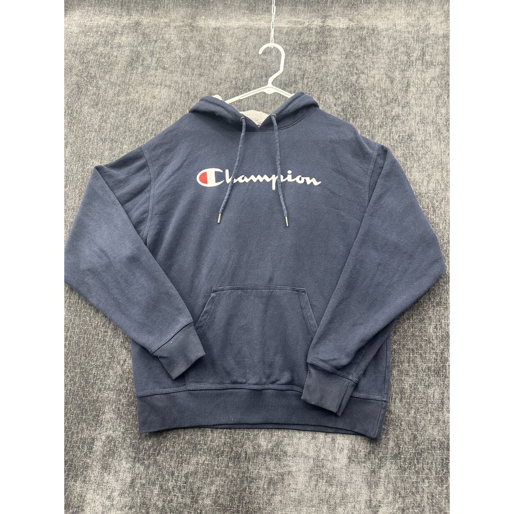 Champion Powerblend Hoodie Mens Large Blue Script Logo Standard Fit Fleece Lined